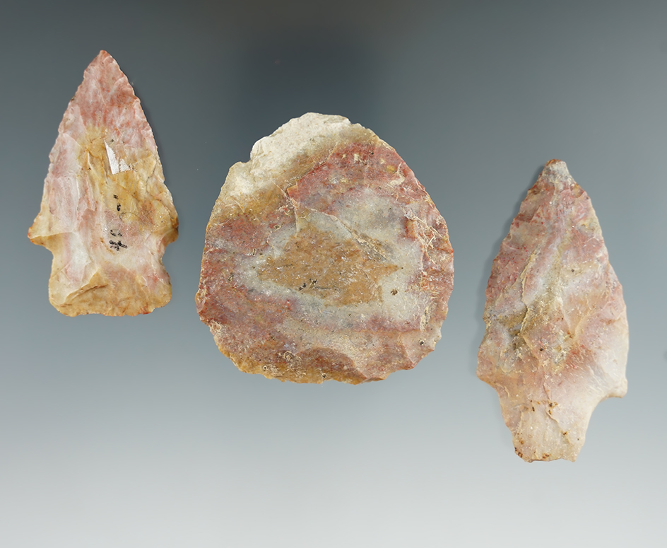 Set of three flaked artifacts made from Bisher Chert found in Ohio. Largest is 2 3/8".