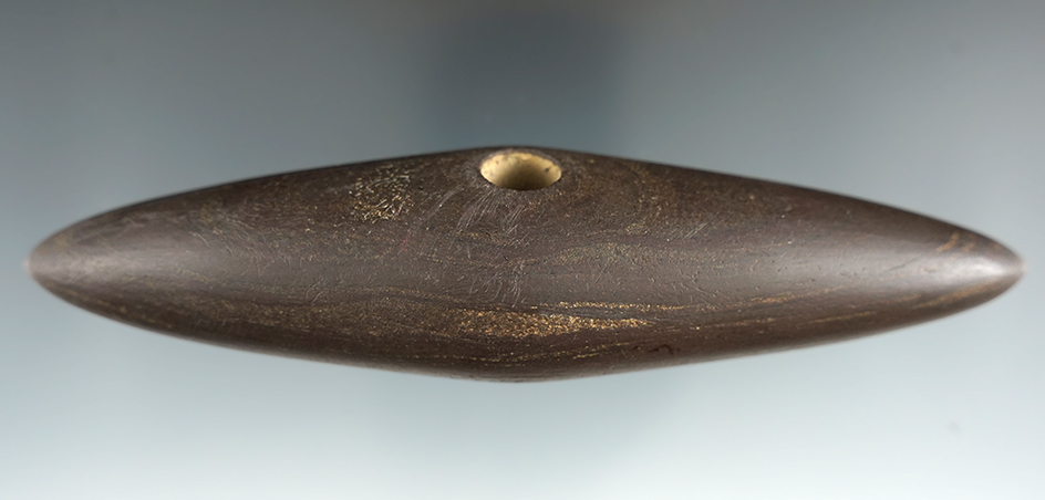 5 1/2" Brown Slate large Pick Bannerstone. Found in Wood Co., Ohio.