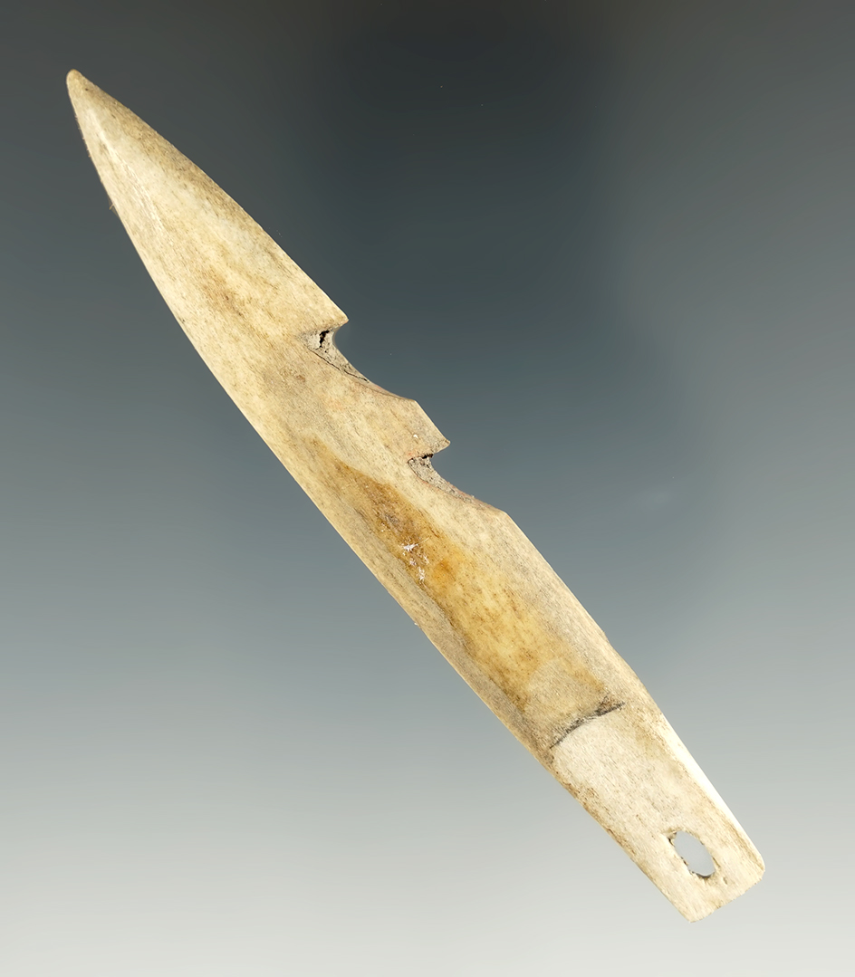 4" Long historic period Inuit bone harpoon tip found in Alaska. Comes with a Stermer COA.
