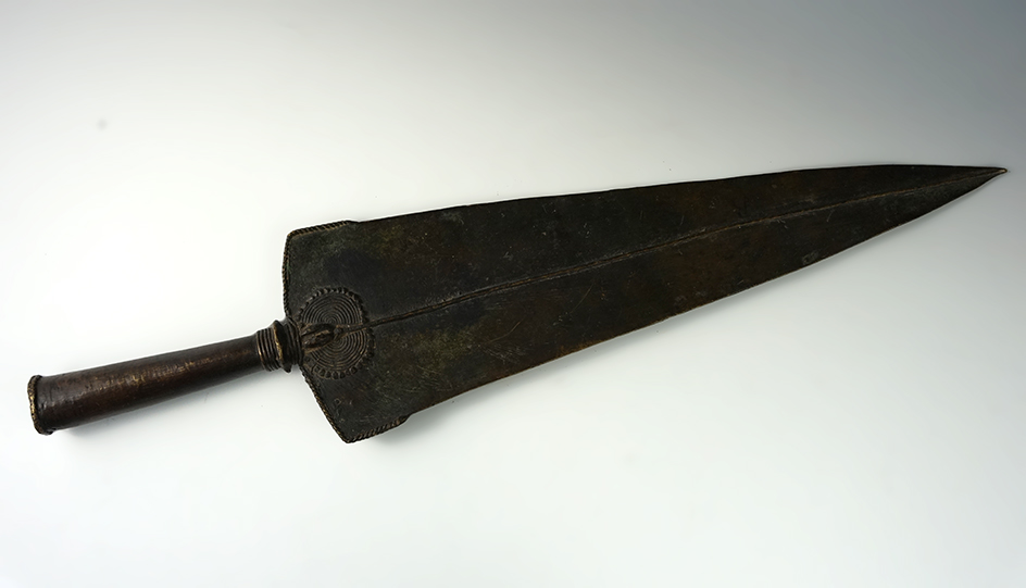 17 3/4" Tall spear tip made from bronze from the 17th or 18th Century, Zaire, Africa.