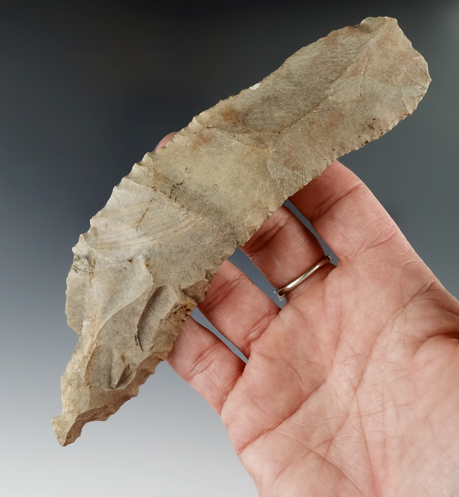 Very unique 6 3/16" Tang base curved Knife made from a large flake, found in Michigan.