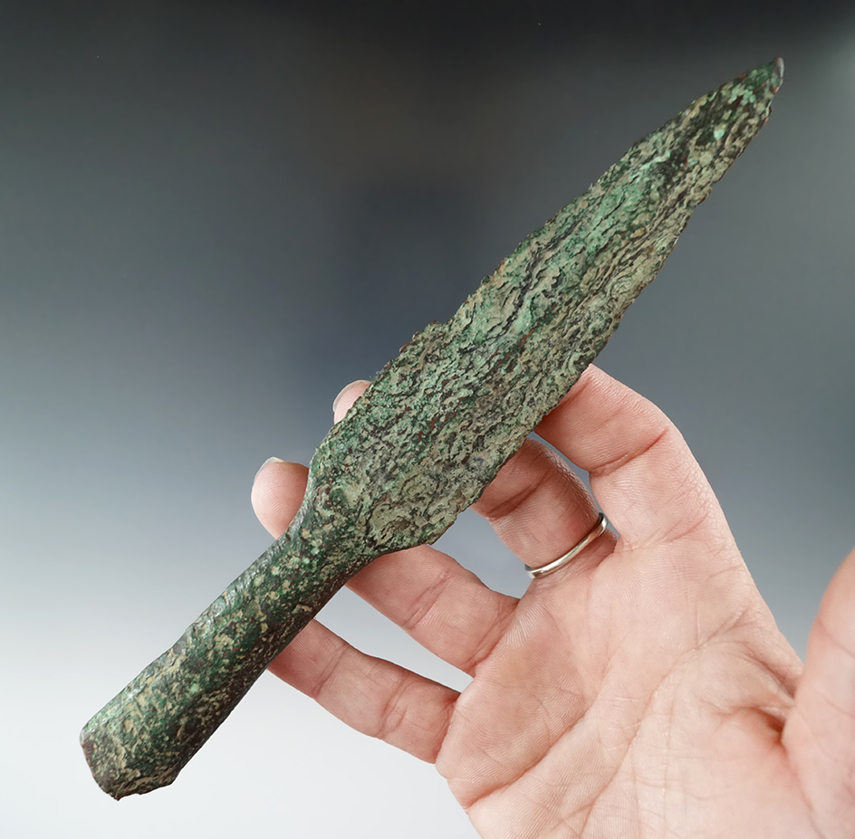 7 5/16" Socketed Copper Spear Point with a nice long hafting area- Old Copper Culture, Michigan.
