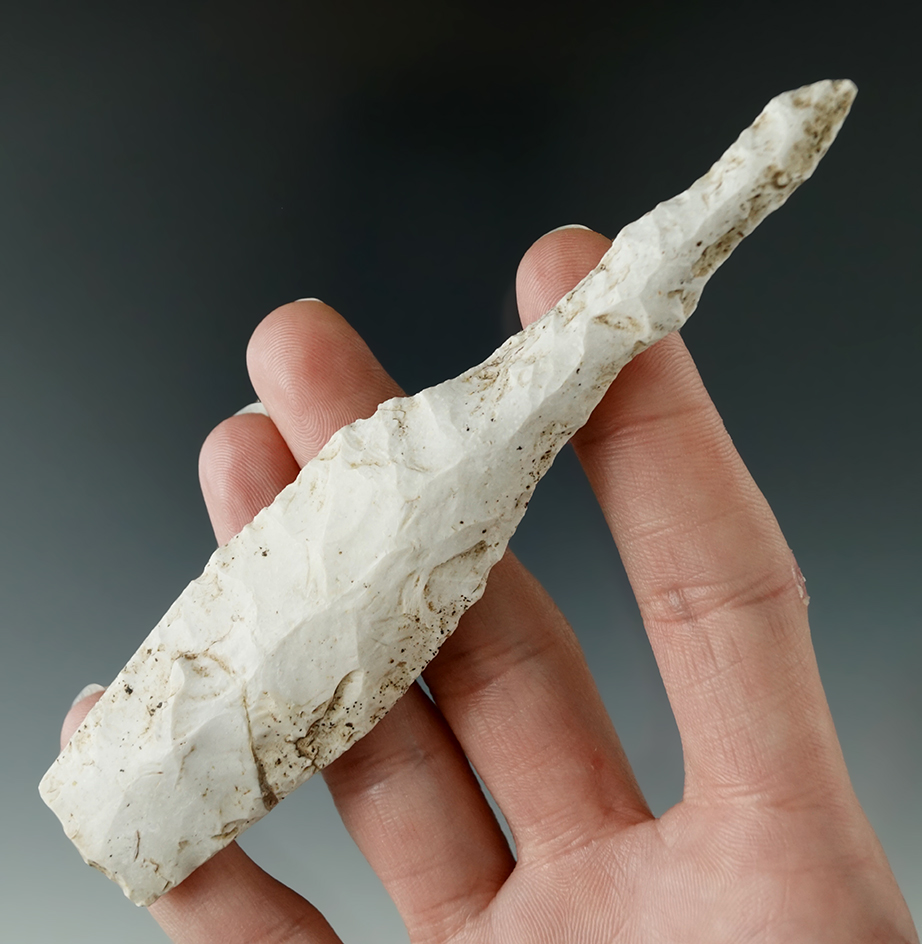 5 1/8" Burlington Chert Nebo Hill Drill found in Pike Co., Missouri. Comes with a Dickey COA.