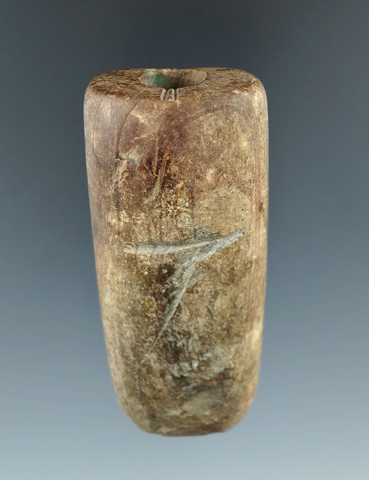 3 1/8" Banded slate Tubular Bannerstone purchased at a farm sale in Wyandotte Co., Ohio.