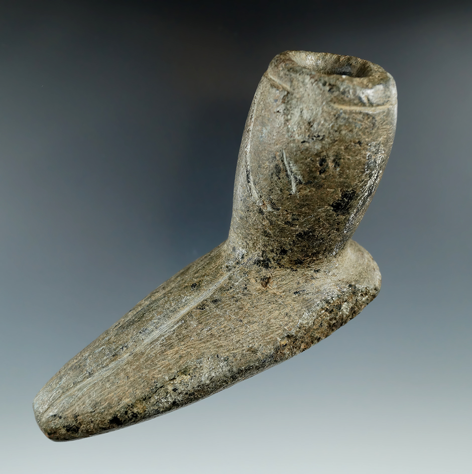 4 7/8" x 3 3/4" Unfinished Obtuse Angle Steatite Pipe, found near the Ohio River. Great example.