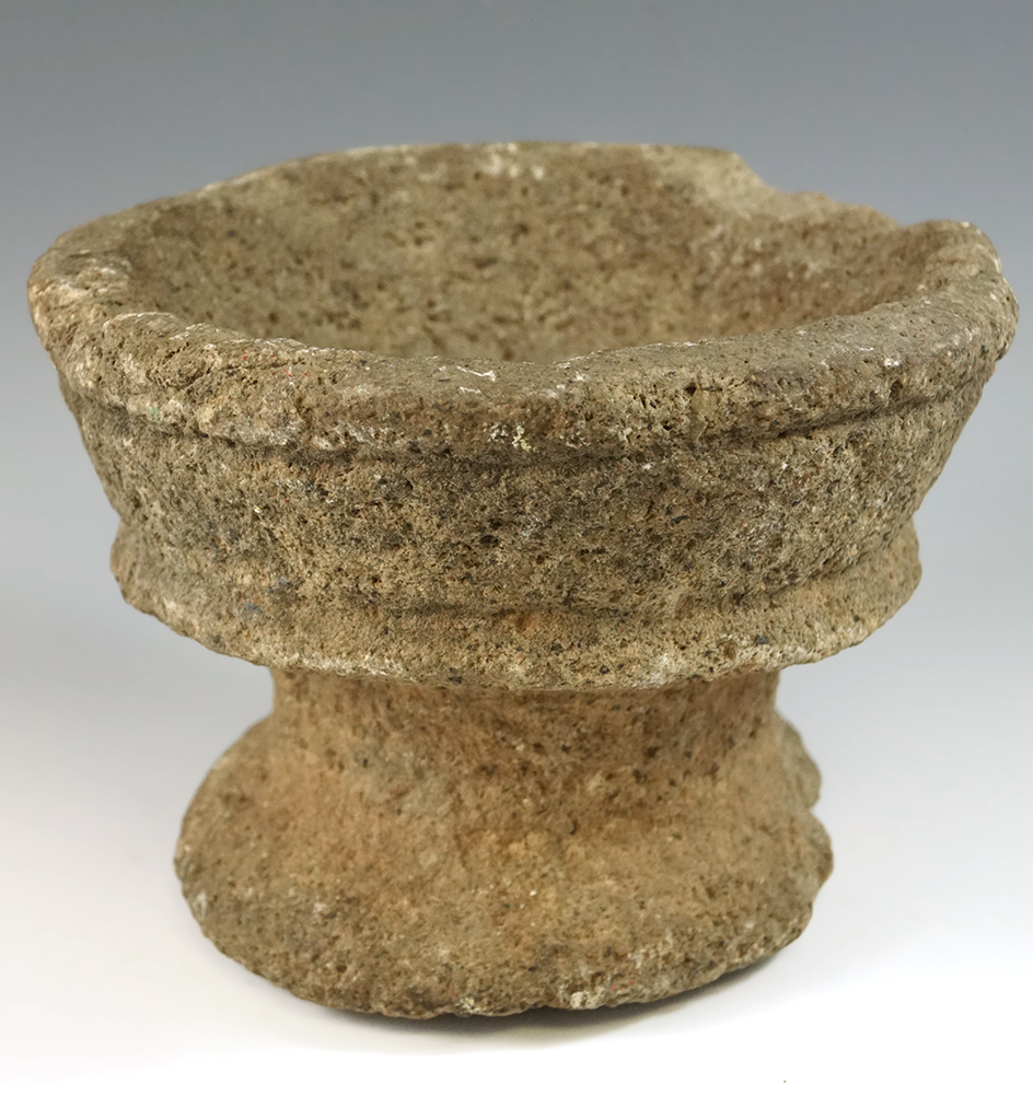 4 1/4" tall by 6" wide nicely crafted Aztec Ceremonial carved Stone Chalice. Circa 1325.