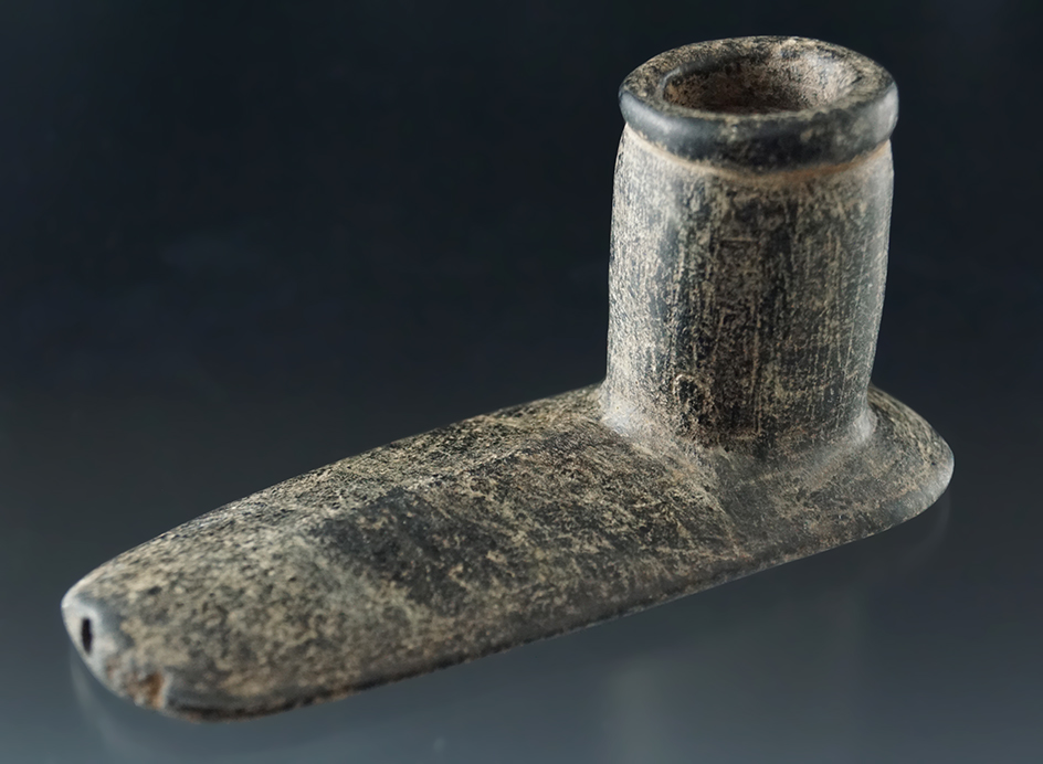 4 1/2" Steatite Intrusive Mound Monitor Pipe found in Tennessee. Ex. John Baldwin. 2 COAs.