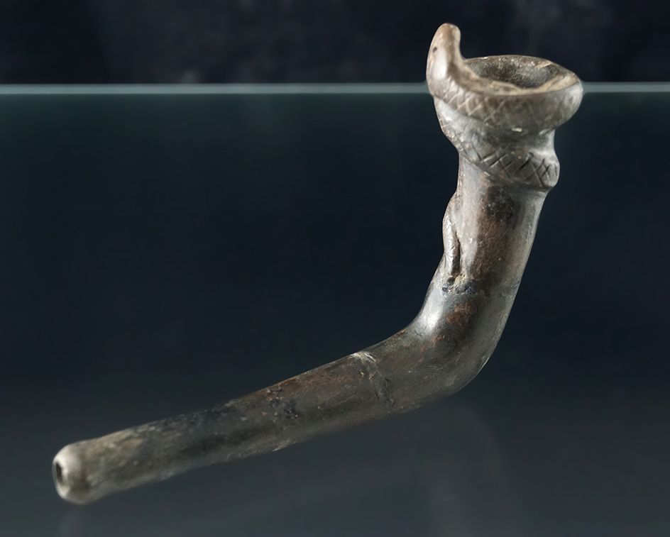 5 1/4" Long Snake Effigy Pipe found in Jefferson Co., New York. Partial restoration.