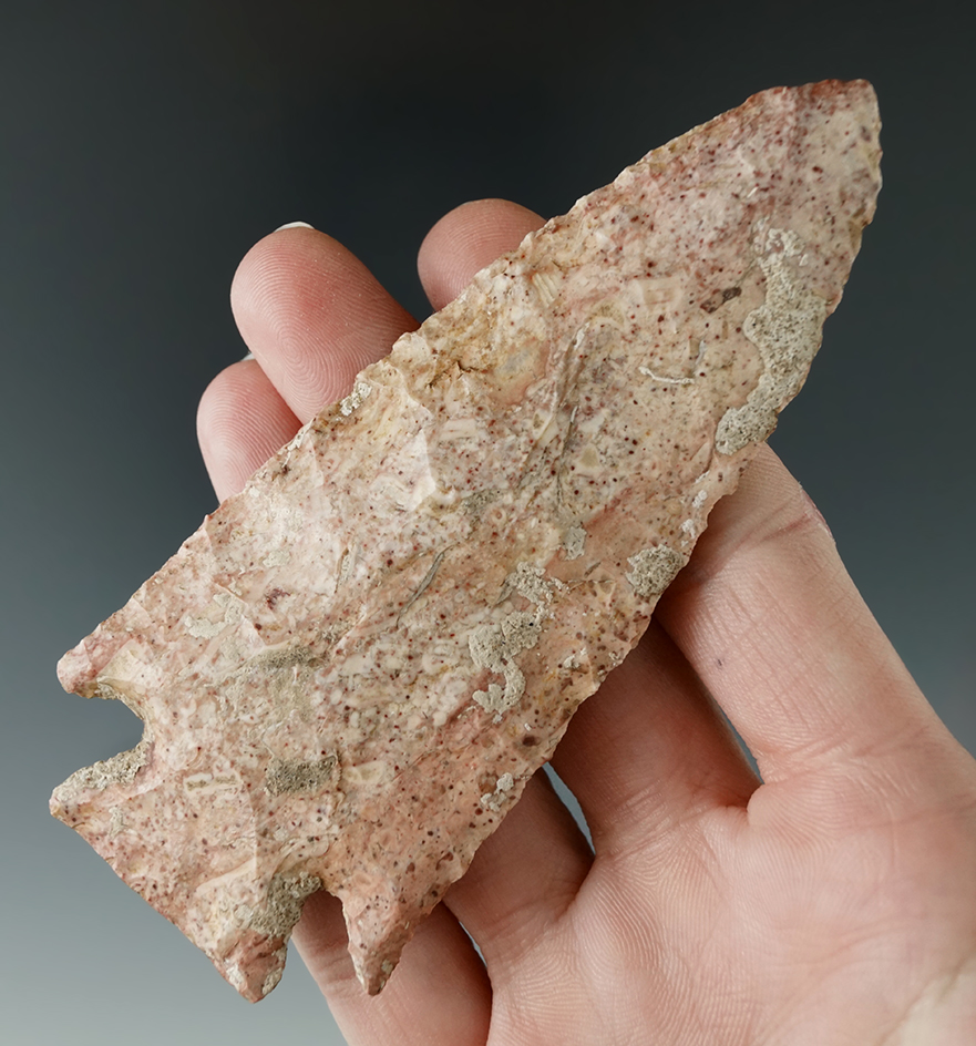 4 3/8" Archaic Cornernotch found in Tennessee made from attractive pink and white material.