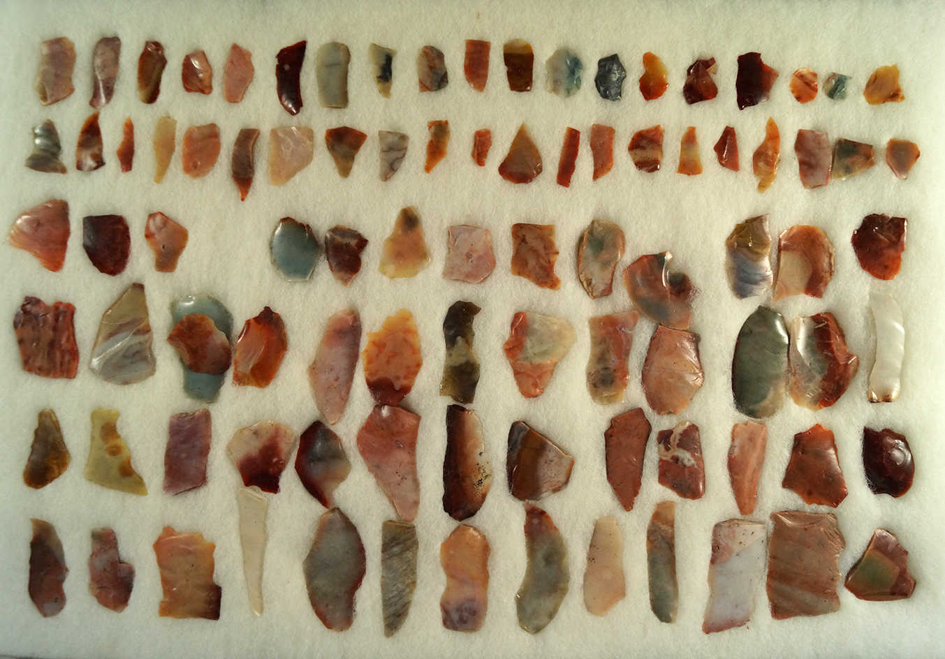 Large group of very colorful Flint Ridge Flint Hopewell Bladelets, Micro Blades and flakes. Ex. Day.