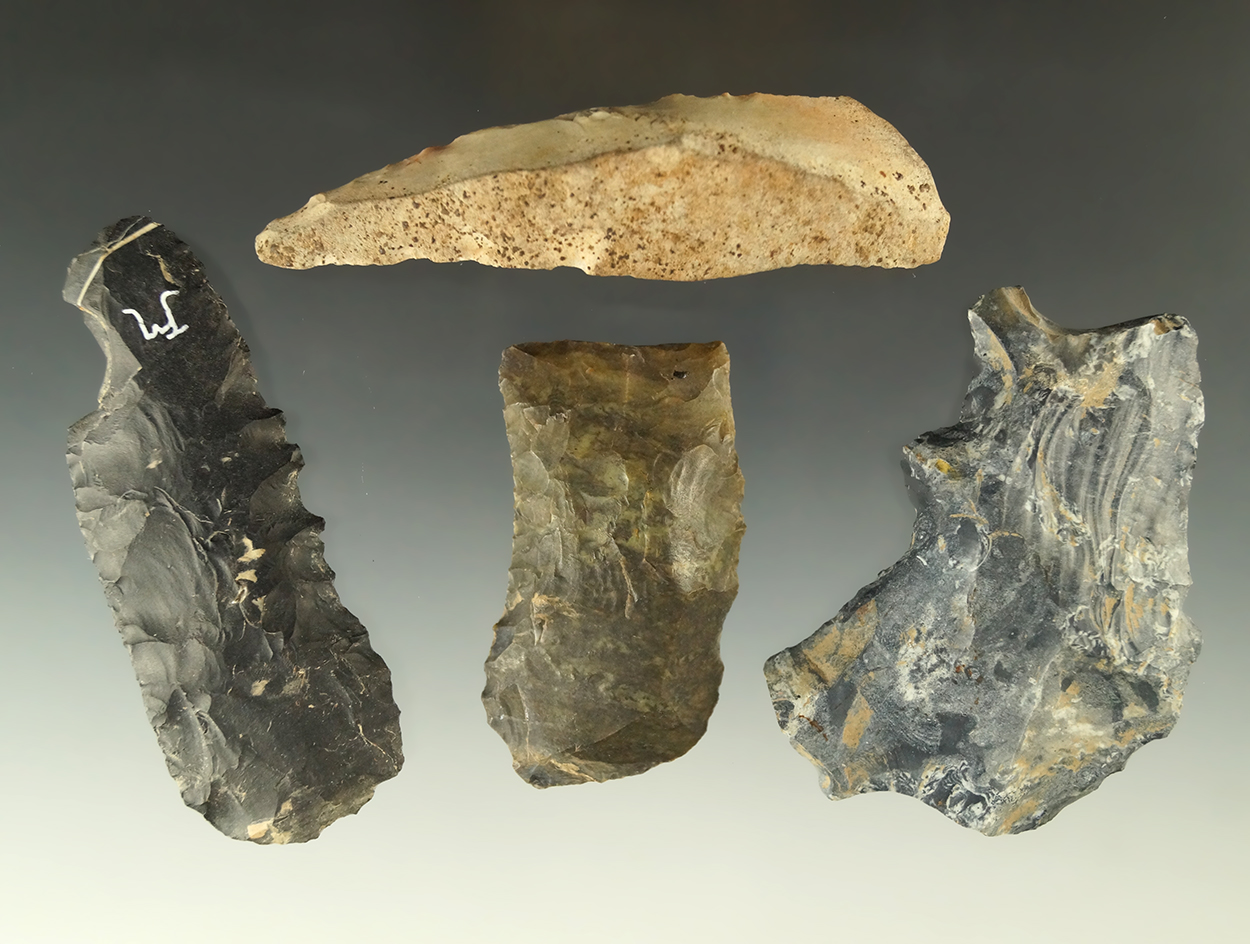 Set of four Paleo tools found in Ohio including a double shaft scraper, largest is 3 11/16".