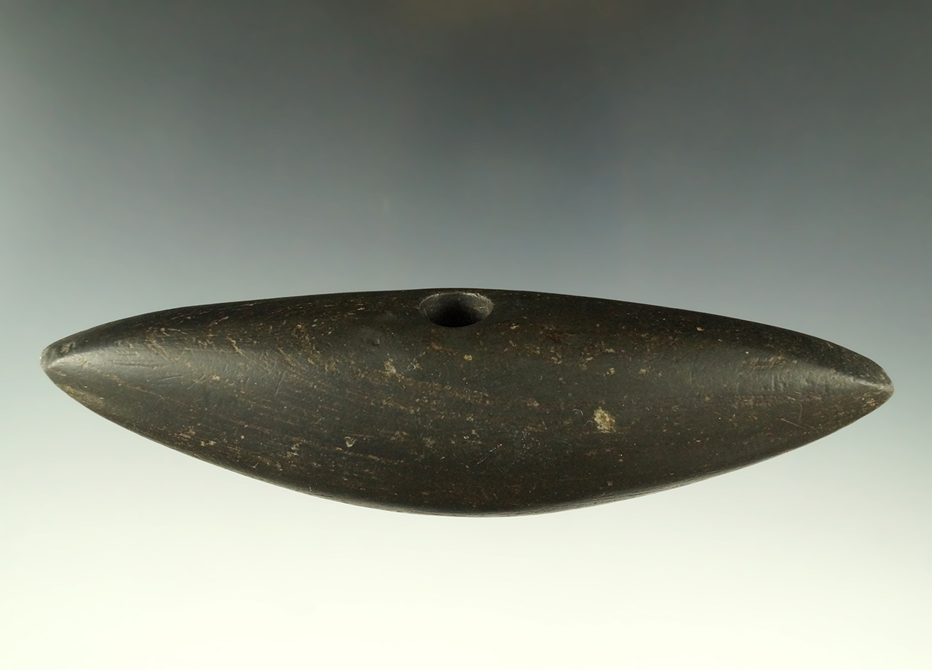 5 1/2" Pick Bannerstone that is heavily patinated found in Ohio. Ex. Gilbert Dilley, Jim Hovan.