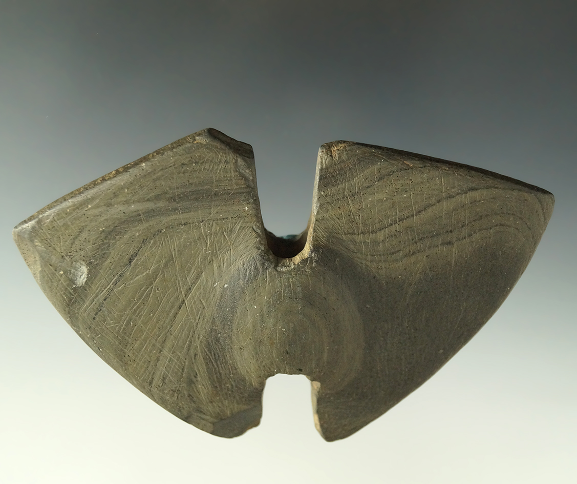 Very nice classic style 4 1/4" Double Notched Wing Bannerstone, Fairfield Co., Ohio. Ex. Jim Hovan.