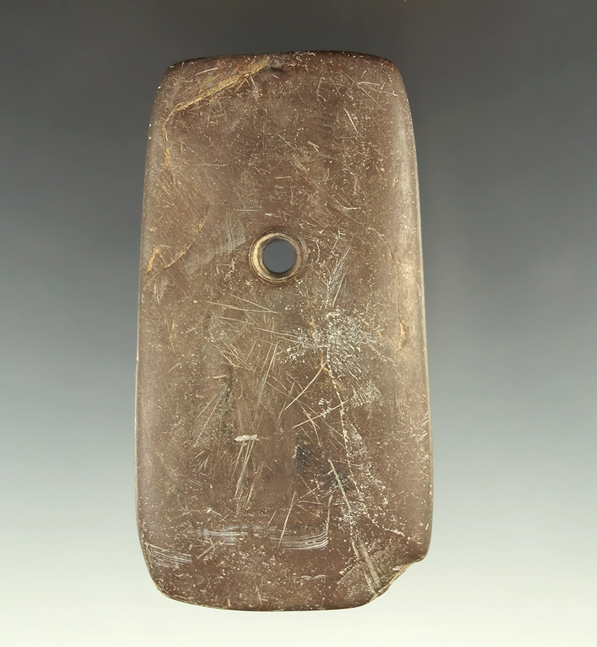 Heavily patinated 3 7/16" brown slate Pendant found in Hancock Co., Ohio.