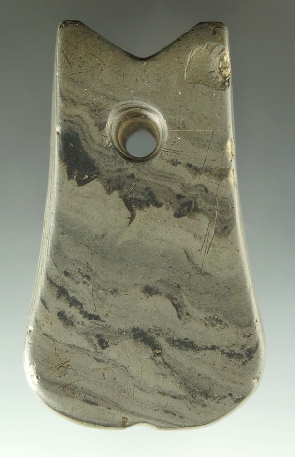 3" anciently salvaged banded slate Pendant - Miami Co., Ohio. Ex. B.W. Stevens, Root. COA.