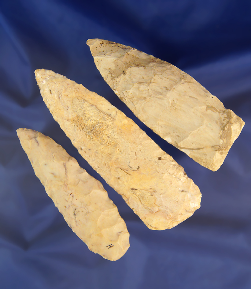 Set of three large Flint Blades found in Illinois, largest is 4 13/16".