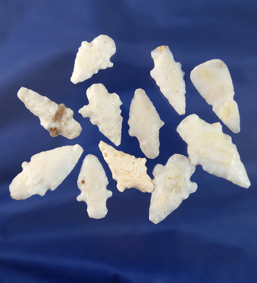 Set of 10 arrowheads and one scraper found in New Mexico. Largest is 1 9/16".