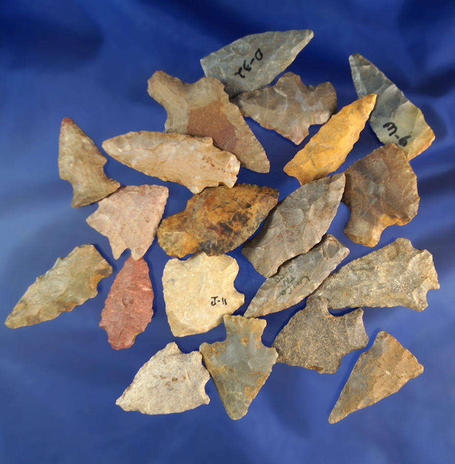 Set of 20 assorted arrowheads found in Tennessee and Alabama, largest is 2 3/16".