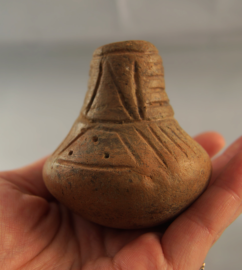 2 5/8" large pre-Columbian pottery ornament found in Mexico.