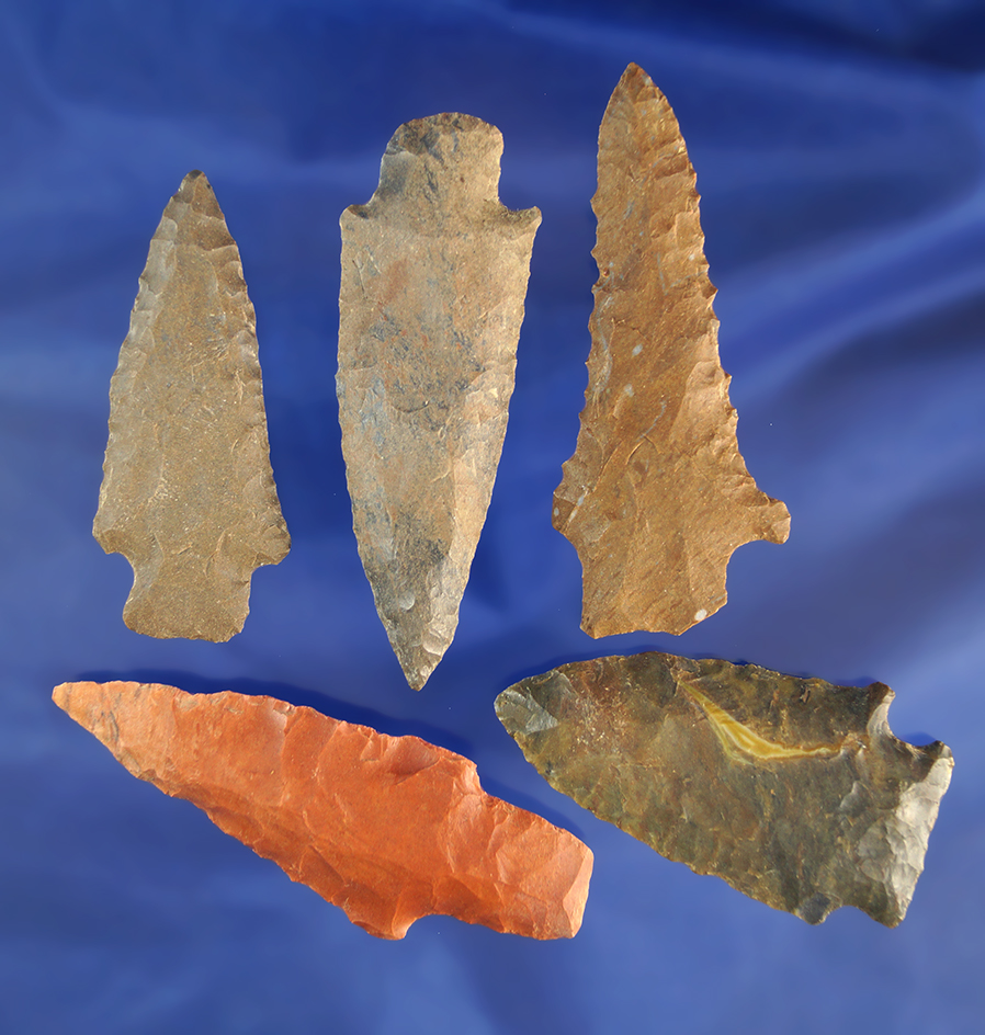 Set of five nice arrowheads found in Alabama, largest is 2 3/4".