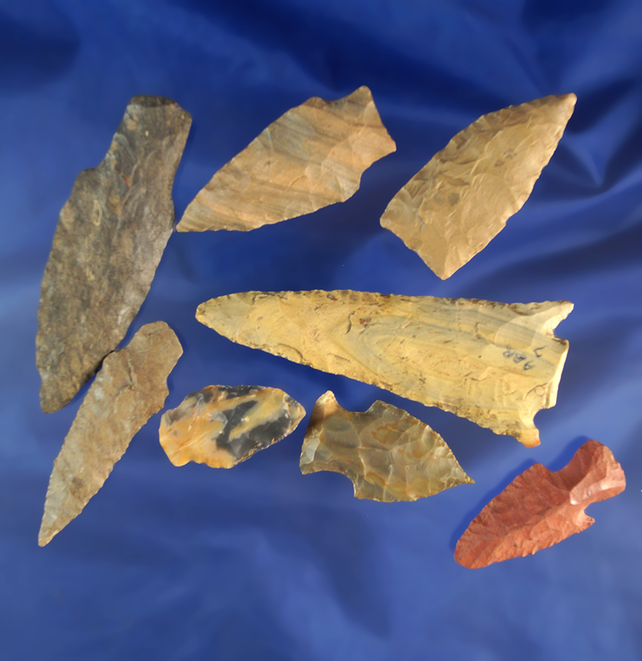 Set of eight assorted Flint artifacts found in the Alabama/Tennessee area. Largest is 3 1/2".
