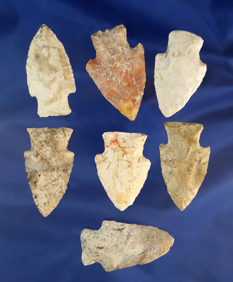 8 assorted Midwestern arrowheadsfound in the Marshall/Peoria counties Illinois area by M. Goddard.