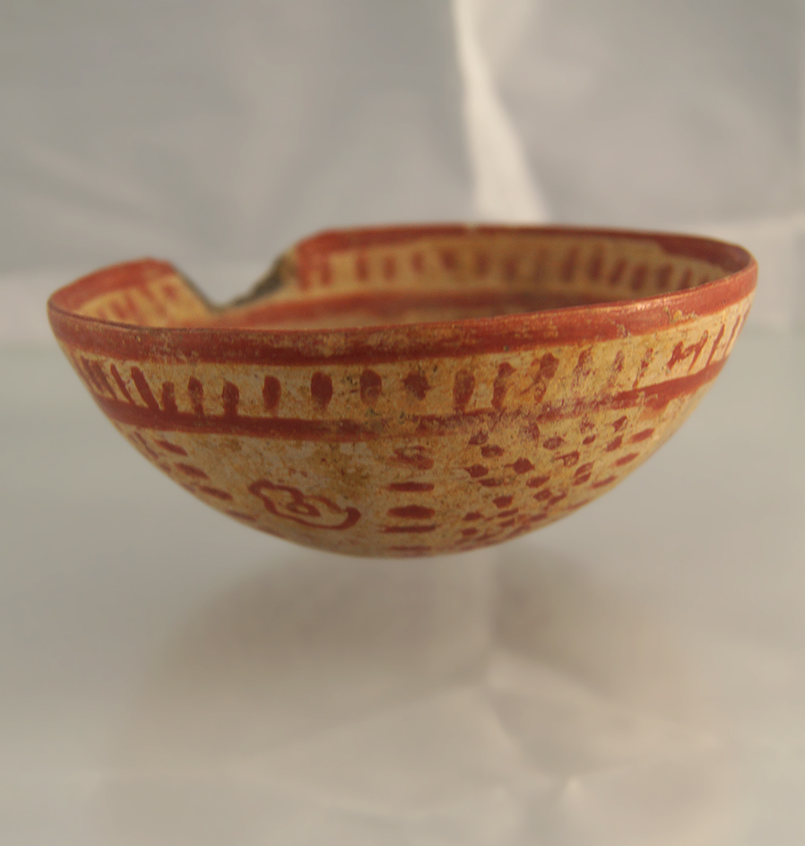 Nicely decorated 4 1/4" pre-Columbian miniature bowl with one rim chip, displays nicely. Mexico.
