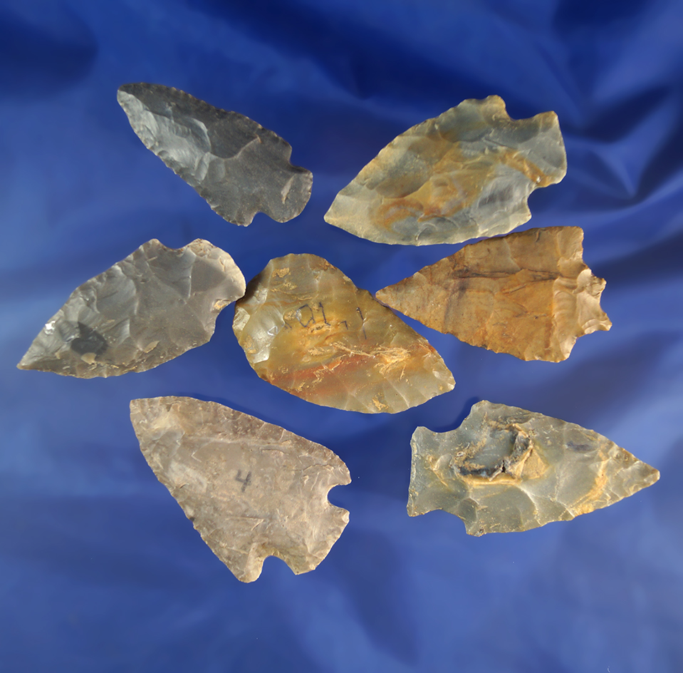 Set of seven assorted arrowheads found in Alabama and nice condition. Largest is 2 3/8".