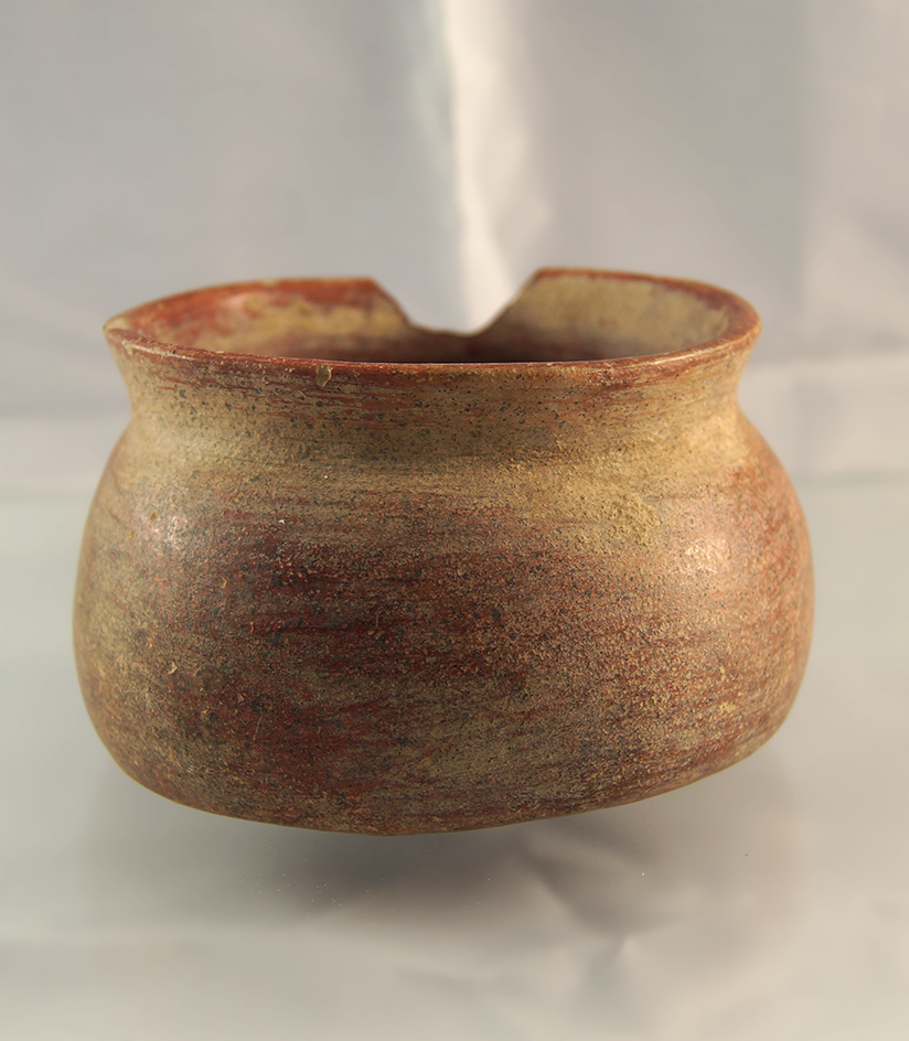 4 1/2" nicely crafted pre-Columbian pottery jar with one chip. Found in Mesoamerica.