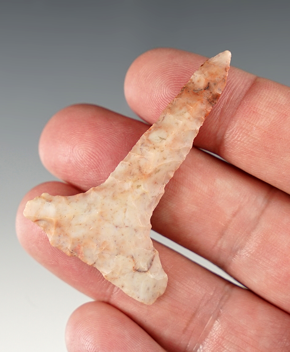 2 3/16" Archaic Drill made from white and pink Flint Ridge Flint. Found in Ross Co., Ohio.
