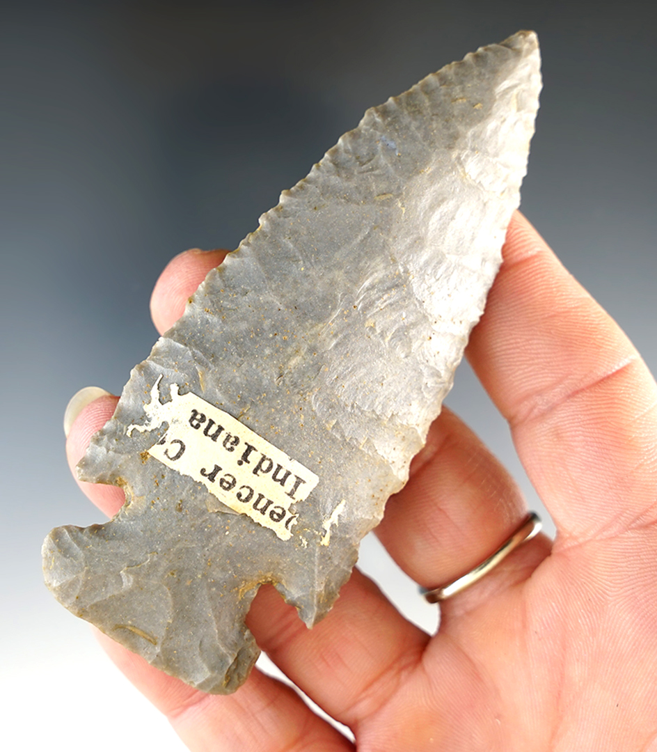 3 13/16" Archaic Cornernotch made from beautiful Bullseye Hornstone. Spencer Co., Indiana.