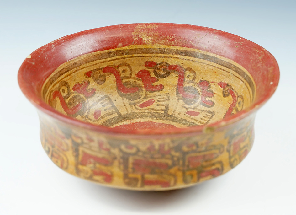 6 5/8" Wide x 2 3/8" Tall Mayan Bowl with a nicely fluted base. Inside paint depicts 8 birds.