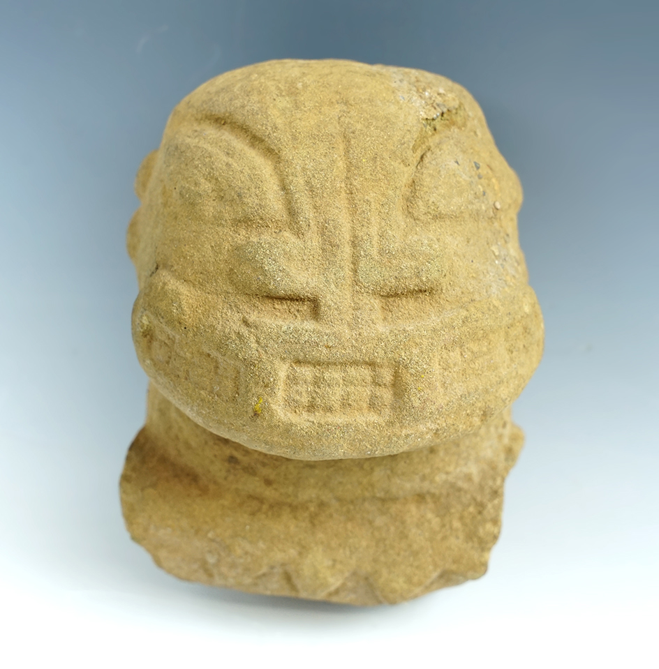 Uniquely carved 5 1/2" Tall head effigy carved from stone. Found in Northern South America.