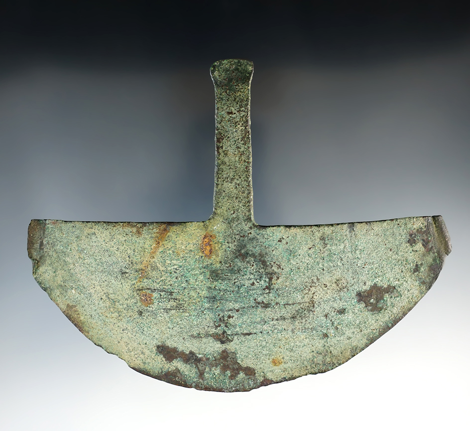 Heavily patinated Pre-Columbian 6 1/8" Hatcha/Tumi from the Guangala culture, Ecuador.