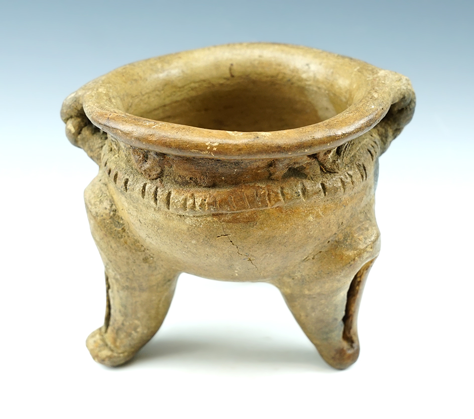 4 3/4" Tall by 5 1/2" Wide Tri-leg Pre-Columbian Pottery Vessel - restoration to two legs.