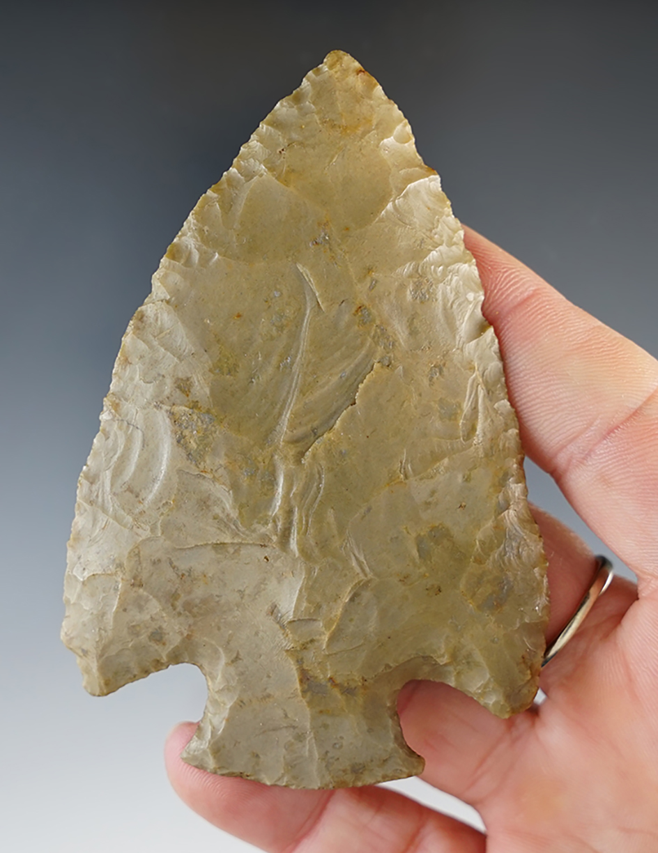 3 1/2" x 2 3/8" Classic Snyders Hopewell. Highly patinated Hornstone. Fremont, Indiana.