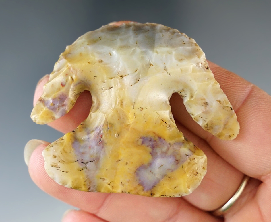 1 3/4" x 2 1/8" Archaic multi-colored Bevel made into a Hafted Scraper. Marion Co., Ohio.