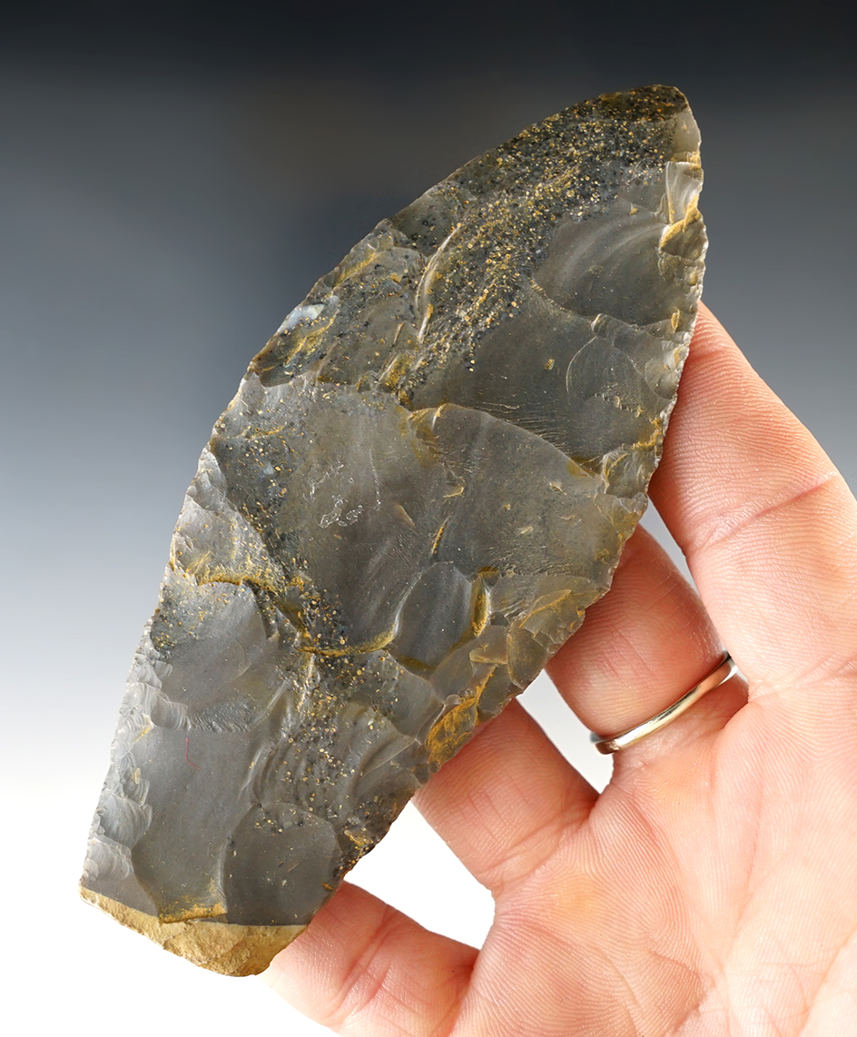 Large 4 3/8" Copena made from Hornstone, found in Spencer Co., Indiana. Davis G-10 COA.