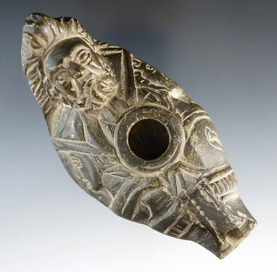 Highly detailed 4 1/2" Hand carved Stone Oil Lamp or Pipe from the Mediterranean area.