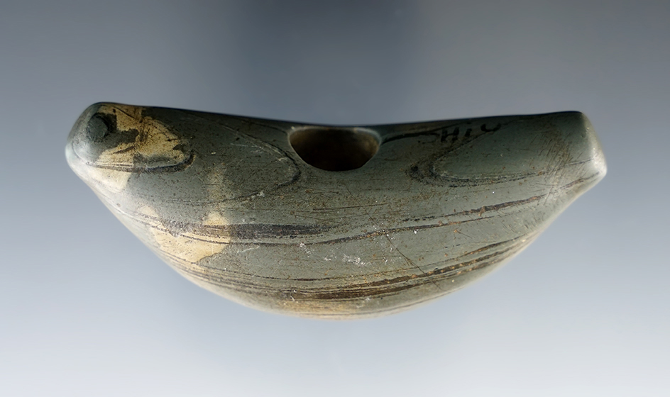 Exceptional! 3 3/16" Knobbed Lunate made from beautifully Banded Slate, found in Ohio.