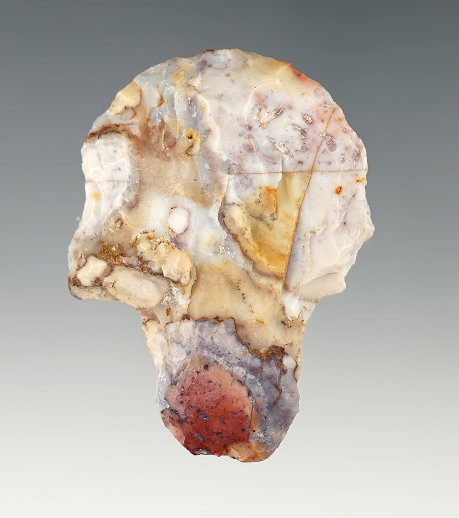 Very colorful 2 1/16" Flint Ridge Flint Adena Hafted Scraper, found in Ohio.