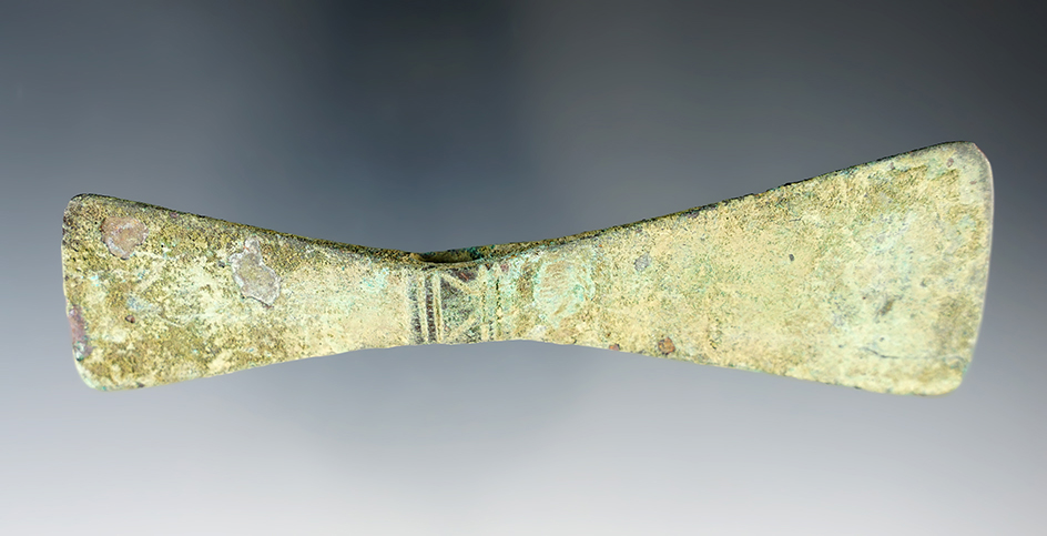 Rare! 4 15/16" Miniature Roman Bronze Axe that is heavily patinated.