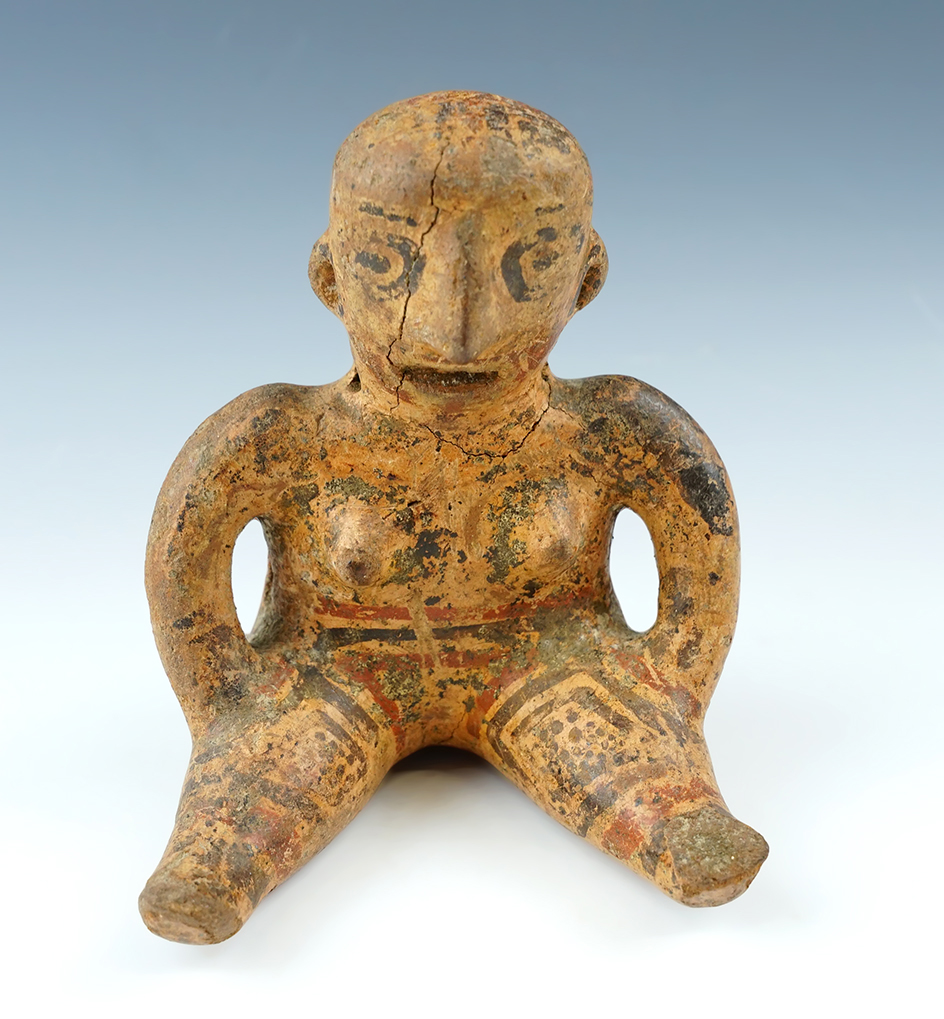 5 1/8" Tall Pre-Columbian painted Pottery Figure with a couple pressure cracks. Mesoamerica.