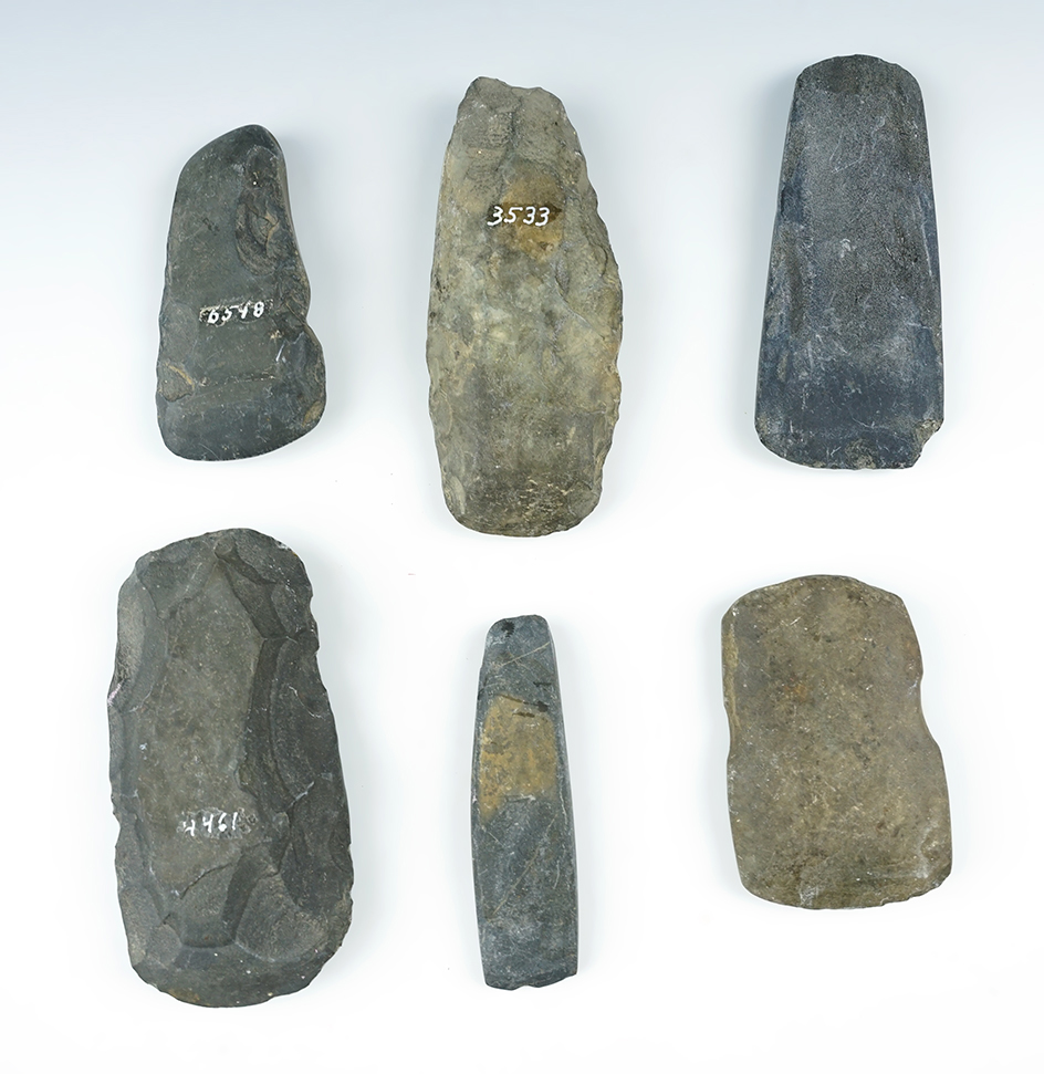 Set of 6 Stone Celts found in Maryland and New York. Largest is 4 5/16".