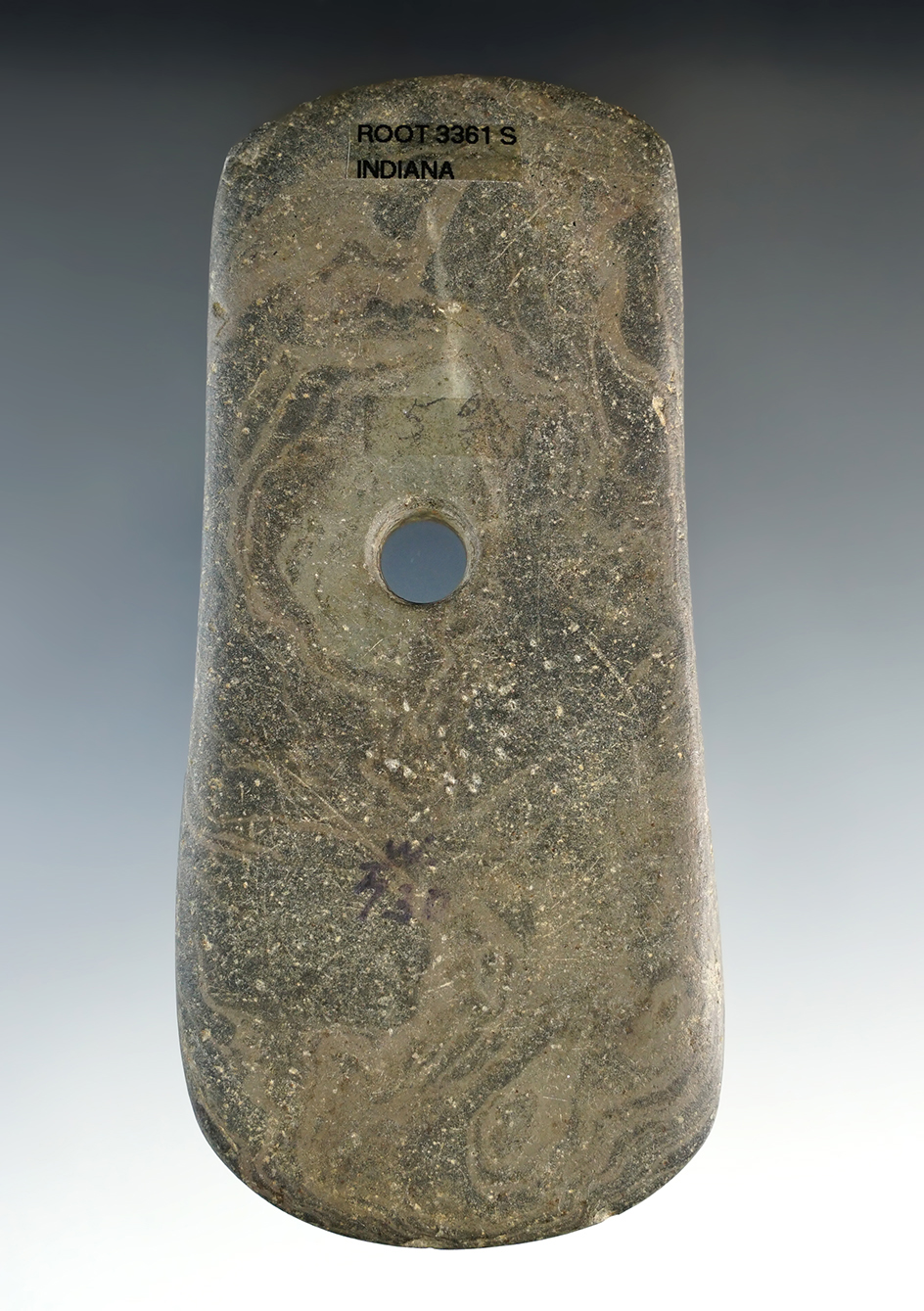 4 13/16" Adena Keyhole Pendant made from Mottled Slate. Found in Indiana. Ex. Dave Root