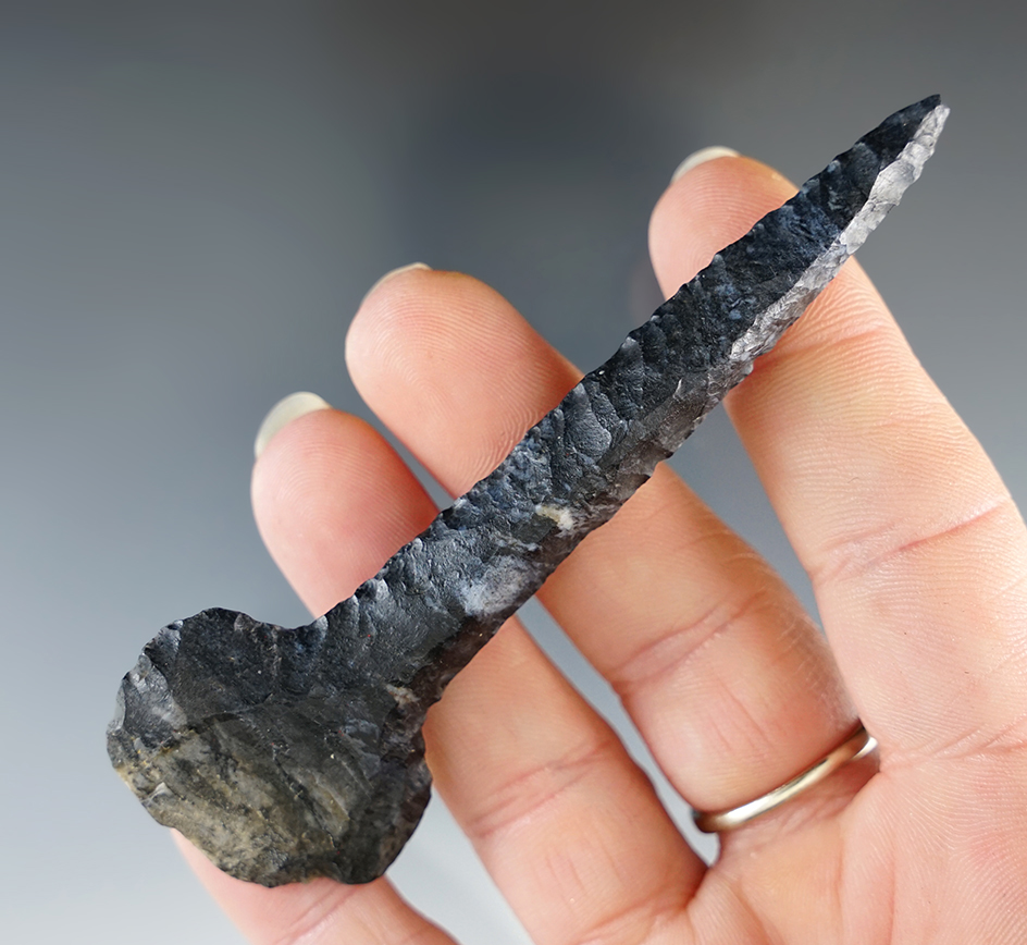 3 3/4" Finely made "Paddle" Drill made from dark Coshocton Flint. Delaware Co., Ohio.