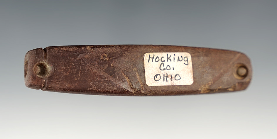 3 5/16" Long drilled and grooved Bar Atlatl Weight. Found in Hocking Co., Ohio. Ex. L. Tolliver.