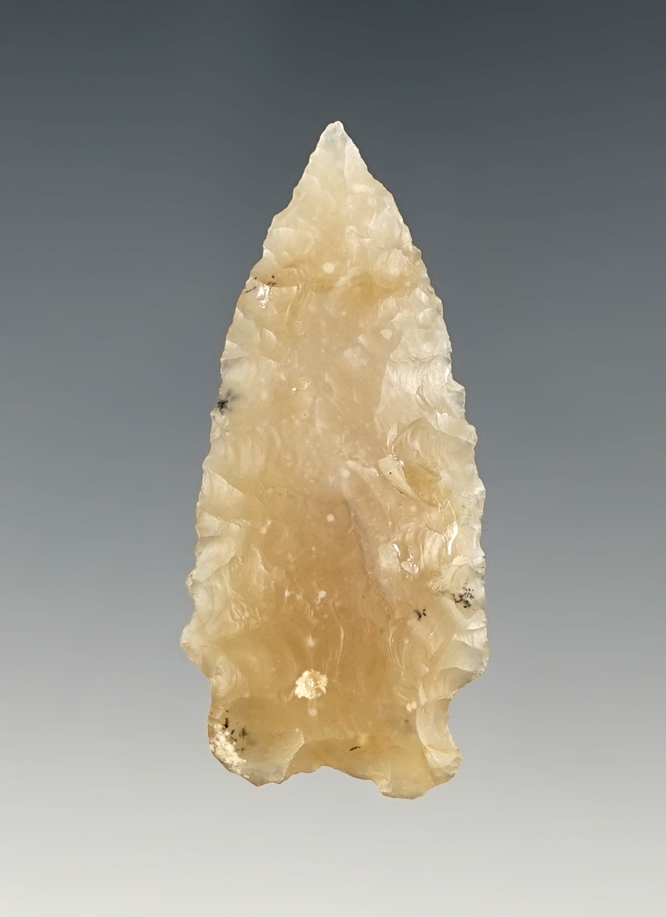Nicely made 1 11/16" Hannah point found in Arizona. Made from translucent Chalcedony.