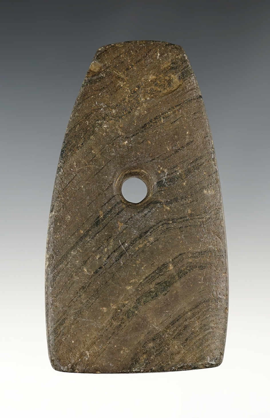 3 3/4" Adena Trapezoidal Pendant made from Banded Slate. Found in Oakland Co., Michigan.