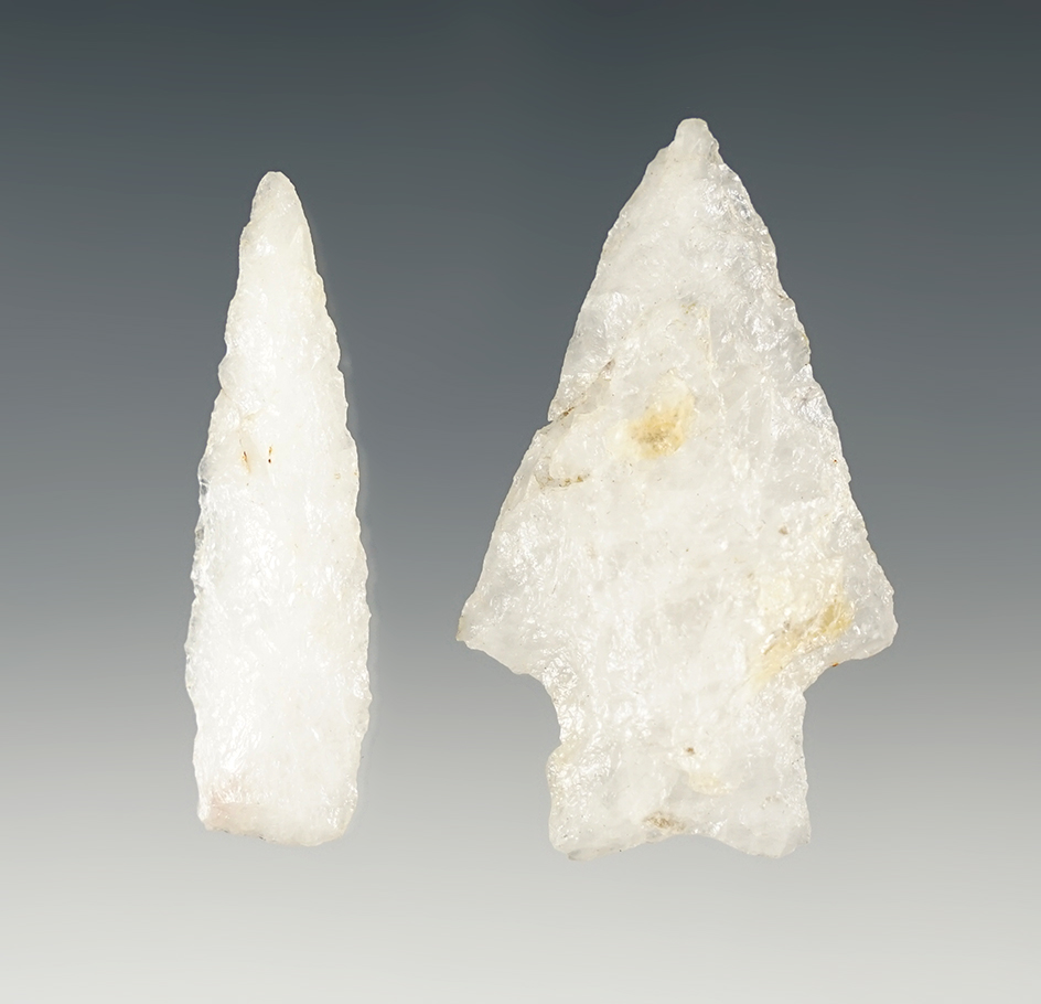 Pair of Connecticut Quartz points. Ex. Bob Whalen. The largest is 2 1/8".
